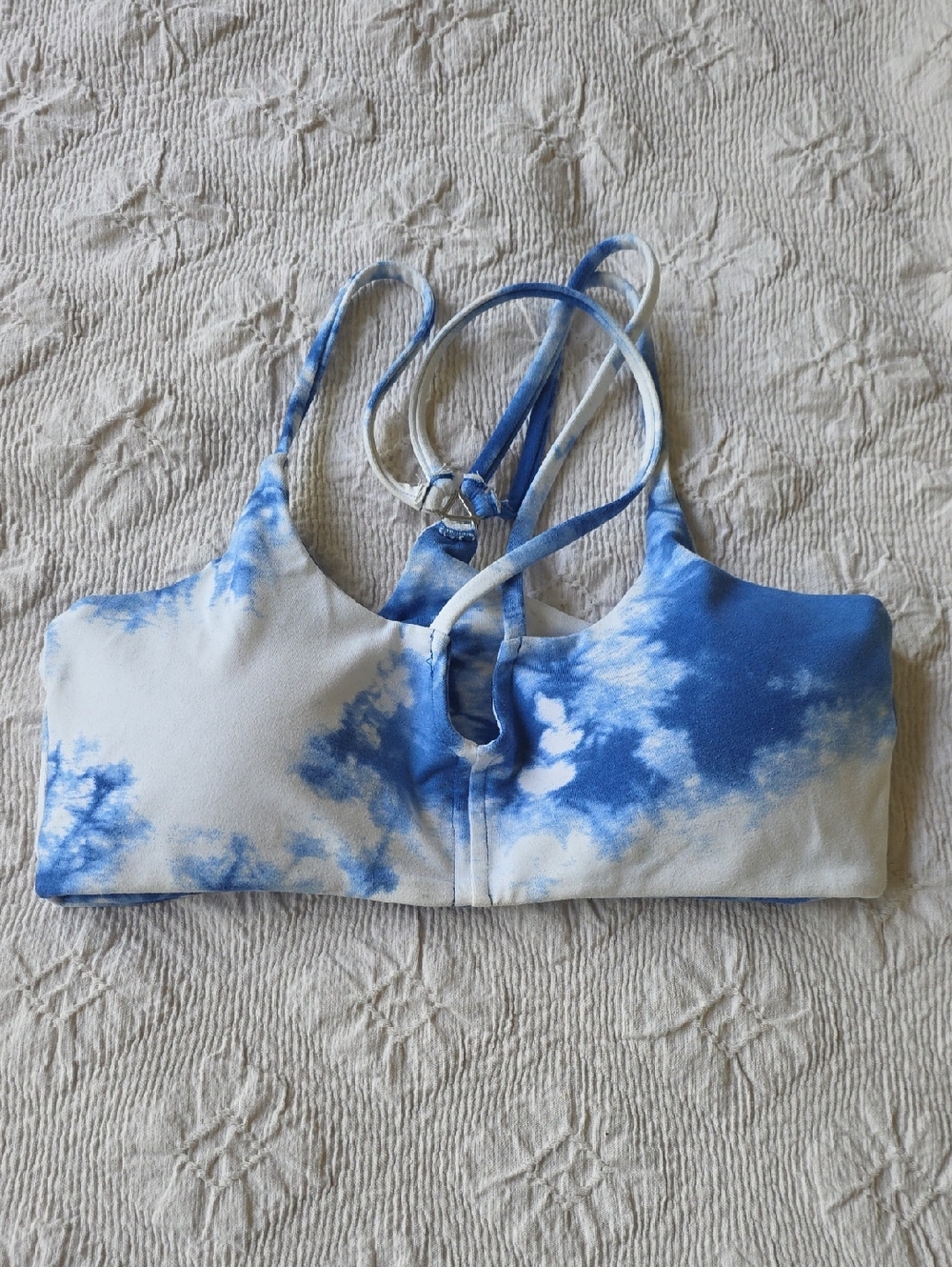 Bombshell Sportswear Blue and White Tie-Dye Strappy Tank Sports Bra